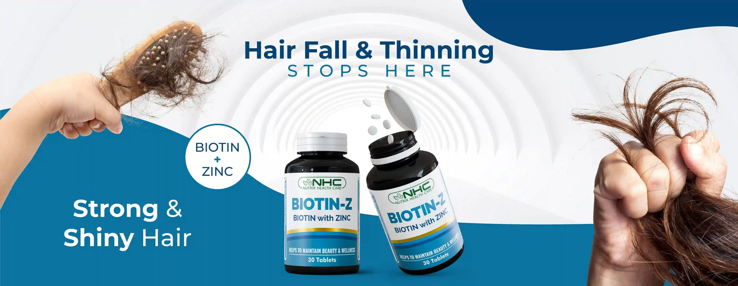 Biotin with zinc supplement bottles for strong and shiny hair.