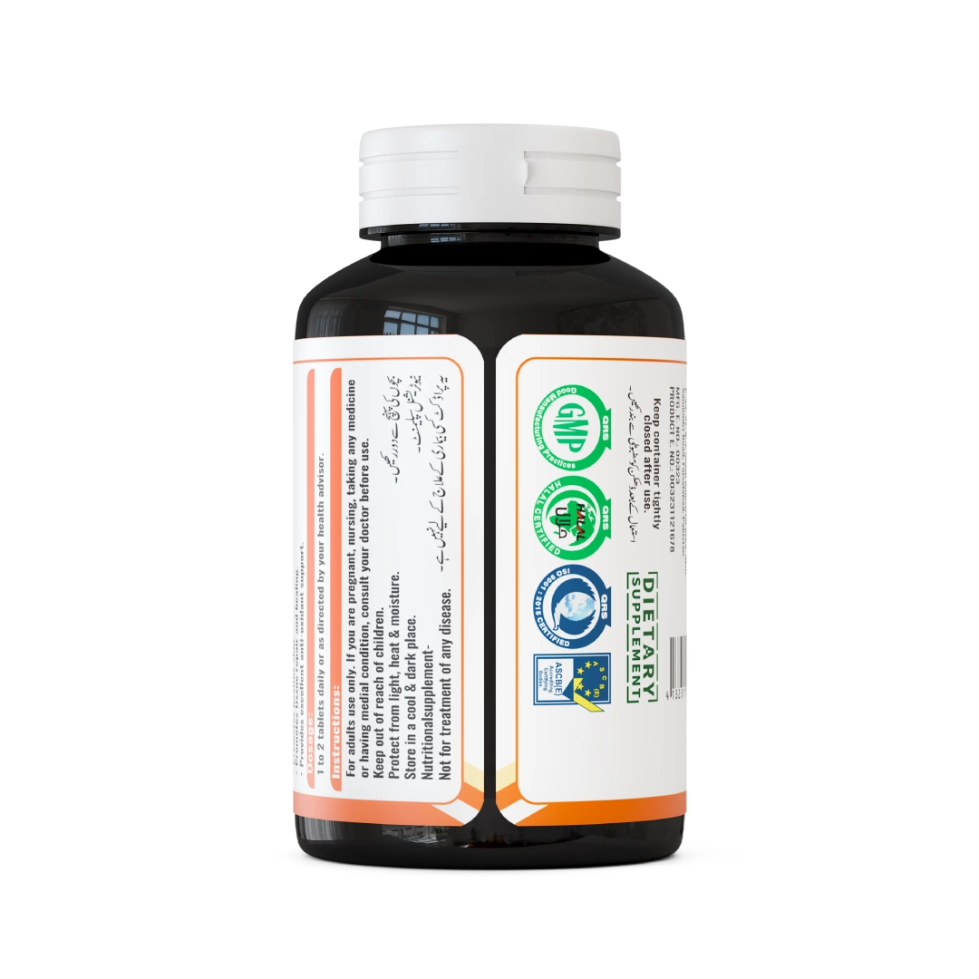 Back view of ACT-C Vitamin C 500mg supplement bottle by Nutrix Health Care showing ingredients, usage directions, and certification logos.