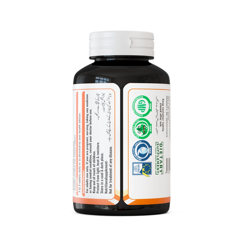 Back view of ACT-C Vitamin C 500mg supplement bottle by Nutrix Health Care showing ingredients, usage directions, and certification logos.