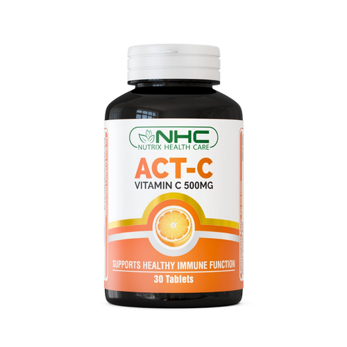 ACT-C Vitamin C 500mg supplement bottle with 30 tablets by Nutrix Health Care.