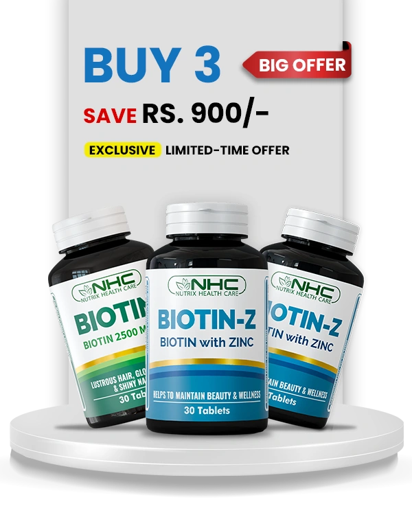 Two bottles of Biotin-Z and one bottle of Biotin supplements each containing 30 tablets with discount offer by Nutrix Health Care.