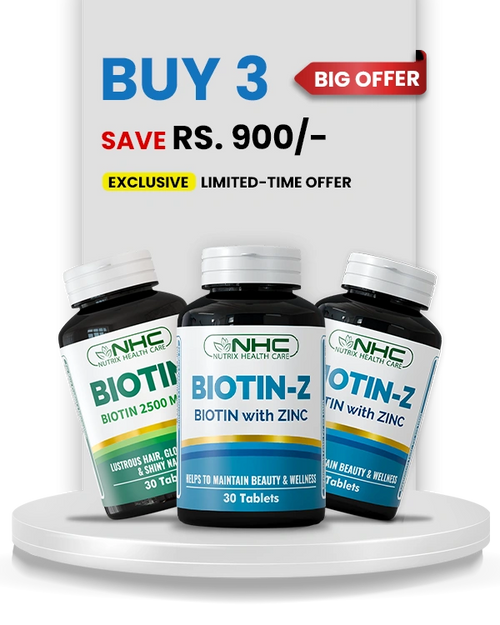 Two bottles of Biotin-Z and one bottle of Biotin supplements each containing 30 tablets with discount offer by Nutrix Health Care.