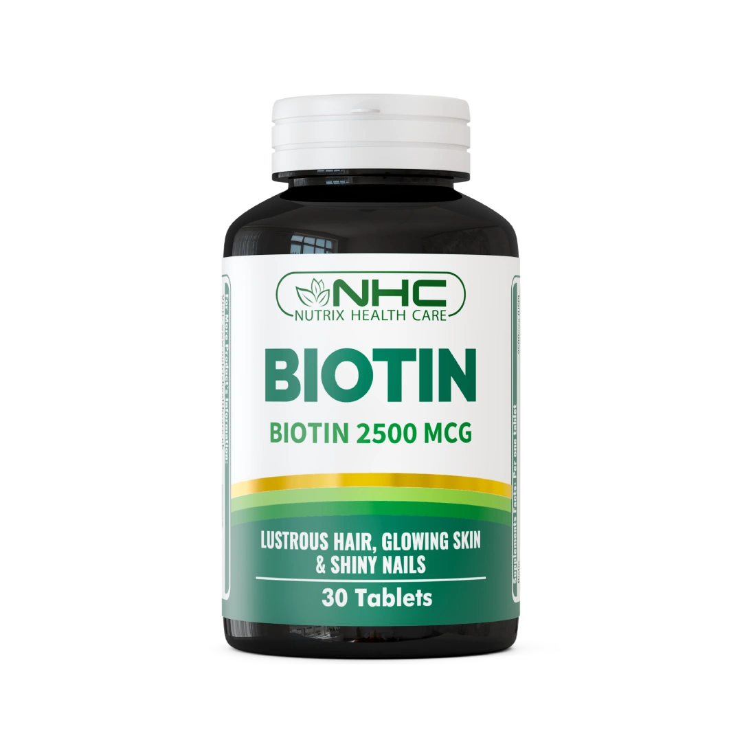 Biotin 2.5mg supplement bottle with 30 tablets by Nutrix Health Care.