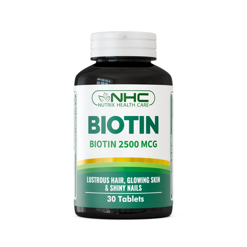 Biotin 2.5mg supplement bottle with 30 tablets by Nutrix Health Care.
