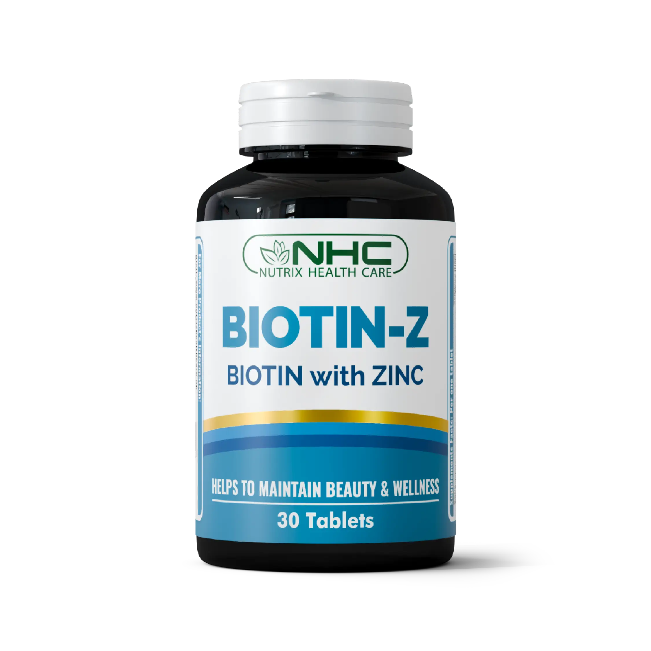 Biotin with zinc supplement bottle with 30 tablets by Nutrix Health Care.