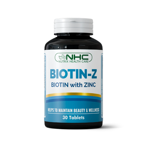 Biotin with zinc supplement bottle with 30 tablets by Nutrix Health Care.