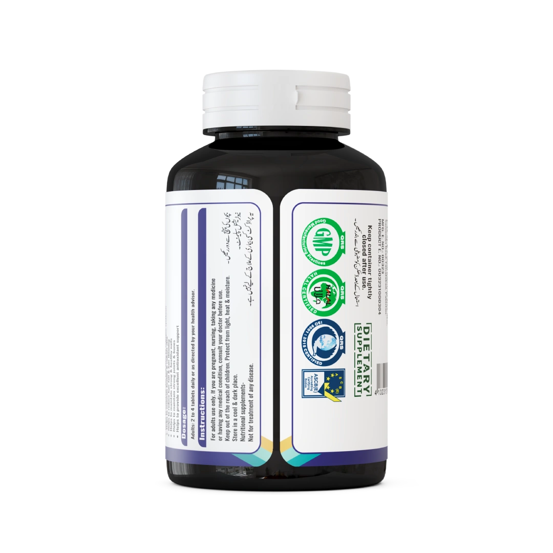 Back view of Collagen max supplement bottle by Nutrix Health Care showing ingredients, usage directions, and certification logos.