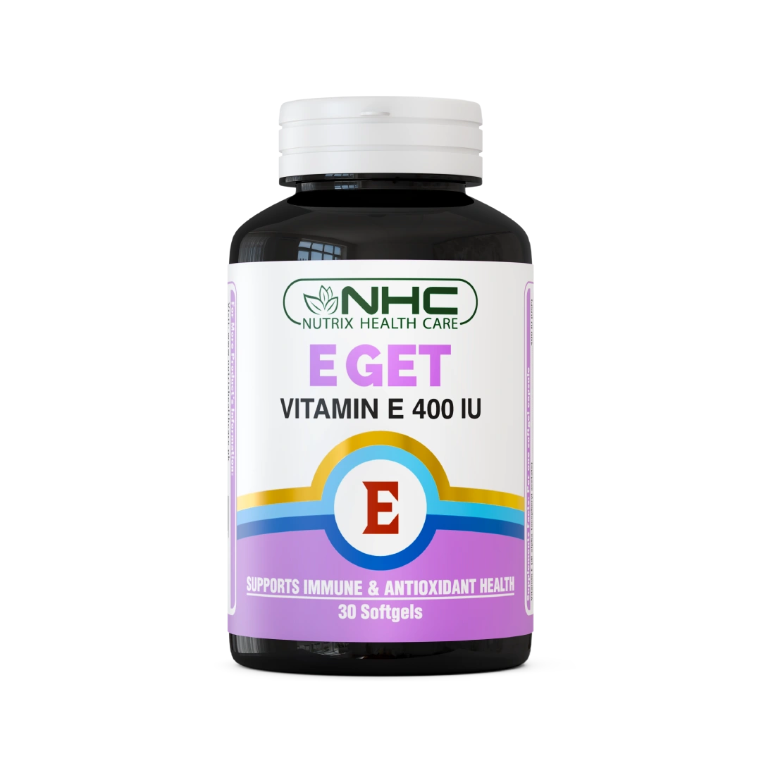 E Get vitamin e 0.01mg supplement bottle with 30 softgels by Nutrix Health Care.
