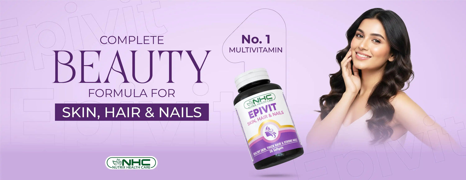 Epivit supplement bottle by Nutrix Health Care for skin, hair, and nails, beauty multivitamin formula.