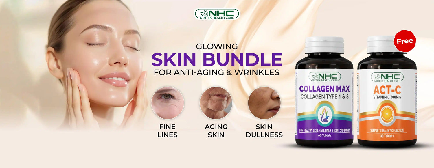 Nutrix Health Care Collagen Max with free ACT-C supplement bottle for skin anti-aging and wrinkles.