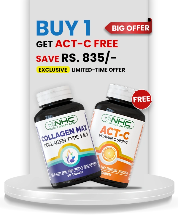 Collagen max supplement bottle with 60 tablets with free ACT-C Vitamin C 500mg supplement bottle with 30 tablets by Nutrix Health Care.