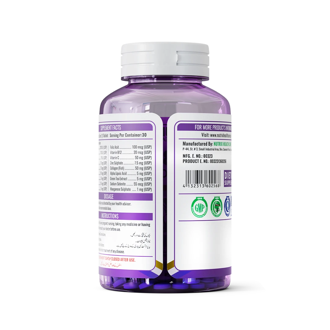 Back view of Vitabiotin supplement bottle by Nutrix Health Care showing ingredients, usage directions, and certification logos.