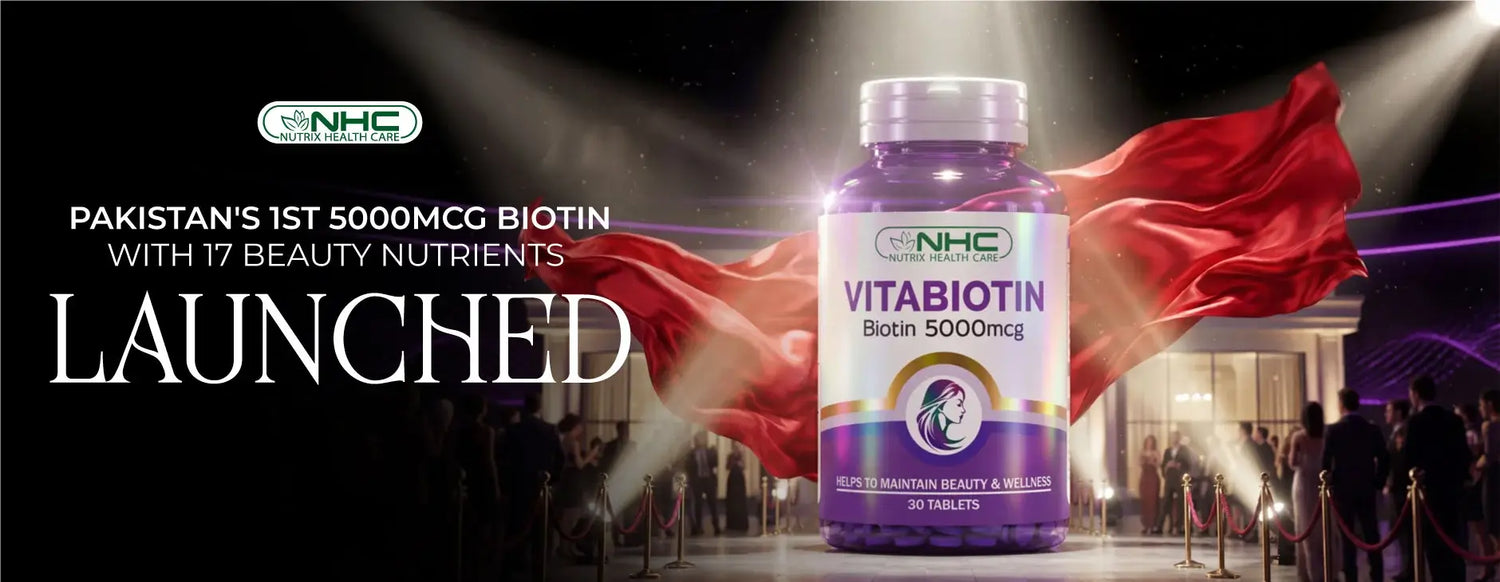 Vitabiotin supplement bottle, Pakistan’s first 5mg biotin formula with 17 beauty nutrients.